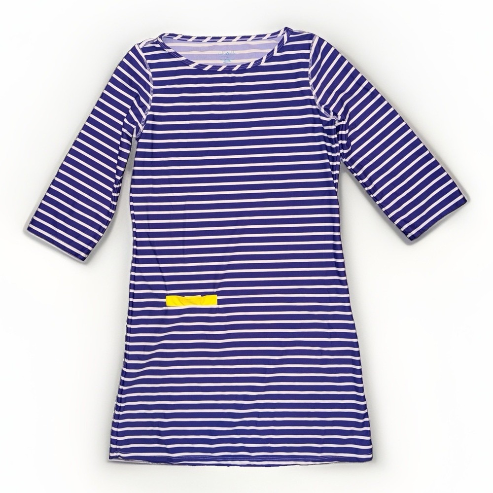 Cabana Life M Stripe Dress Shift Knee Length UPF 50+ Blue Long Sleeve Nylon